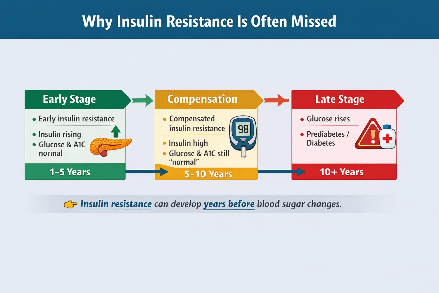 Infographic timeline of insulin resistance progression, showing rising insulin levels before changes in glucose and A1C and eventual prediabetes or diabetes.