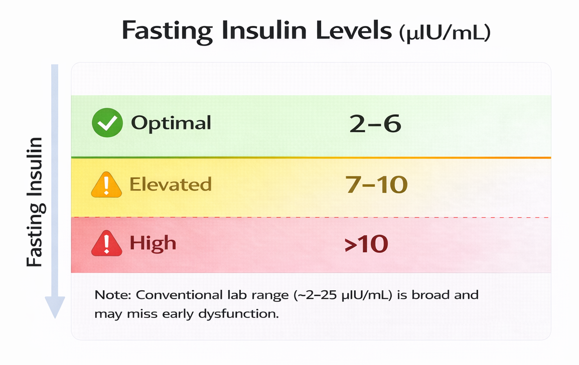 Fasting insulin levels chart with optimal, elevated, and high ranges measured in µIU/mL.
